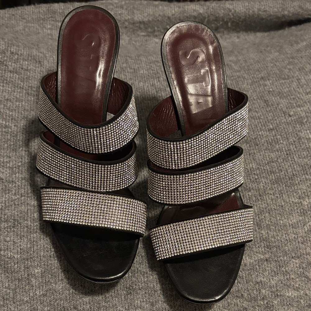STAUD Black Mules with Glittering Silver Straps